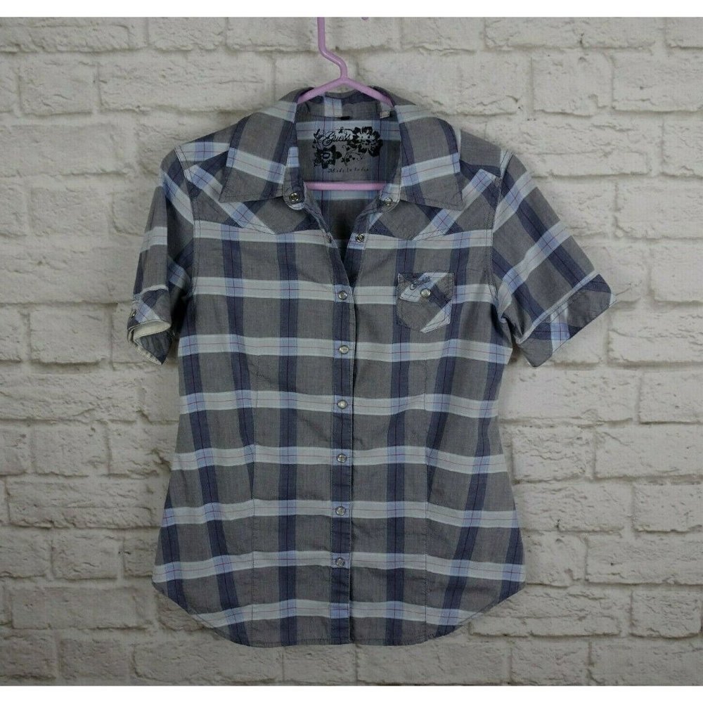 Clearance💎5/$25 Guess Junior's Plaid Snap Shirt Top Blouse Western Rodeo Gray S
